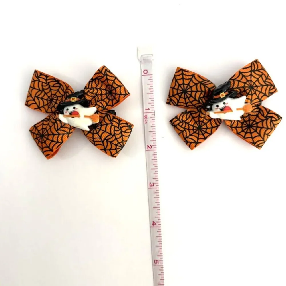Halloween Hair Bow GHOST Set of 2 Girls Grosgrain Ribbon Bow Clips NWOT